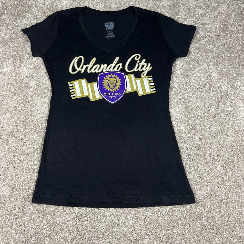 MLS Womens Small Black Orlando City Major‎ League Soccer Cap Sleeve T-Shirt NWOT
